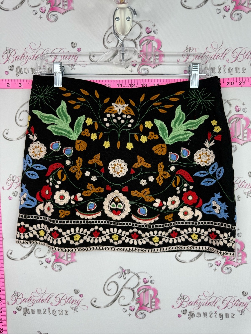 Skirt Embroidered Floral Black Mini Skirt - Multicolor